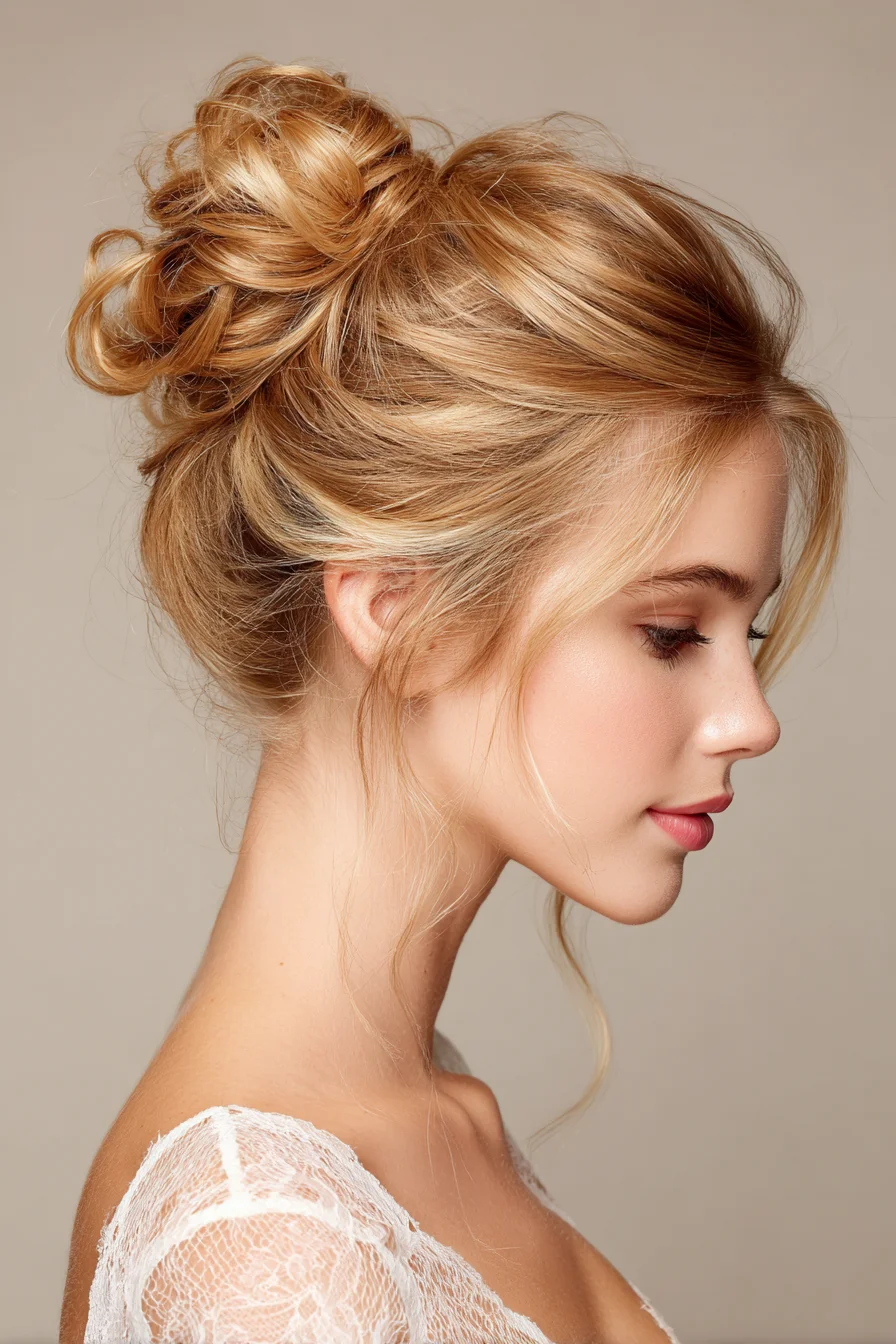 Textured Messy High Bun with Face‑Framing Tendrils