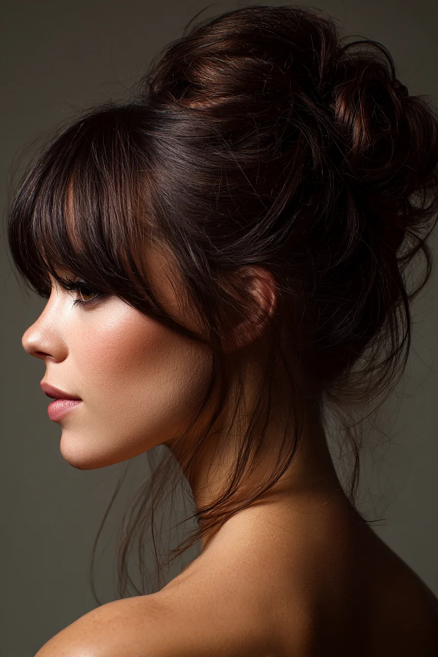 Textured Messy High Bun with Soft Bangs — Voluminous Updo for Medium–Thick Hair