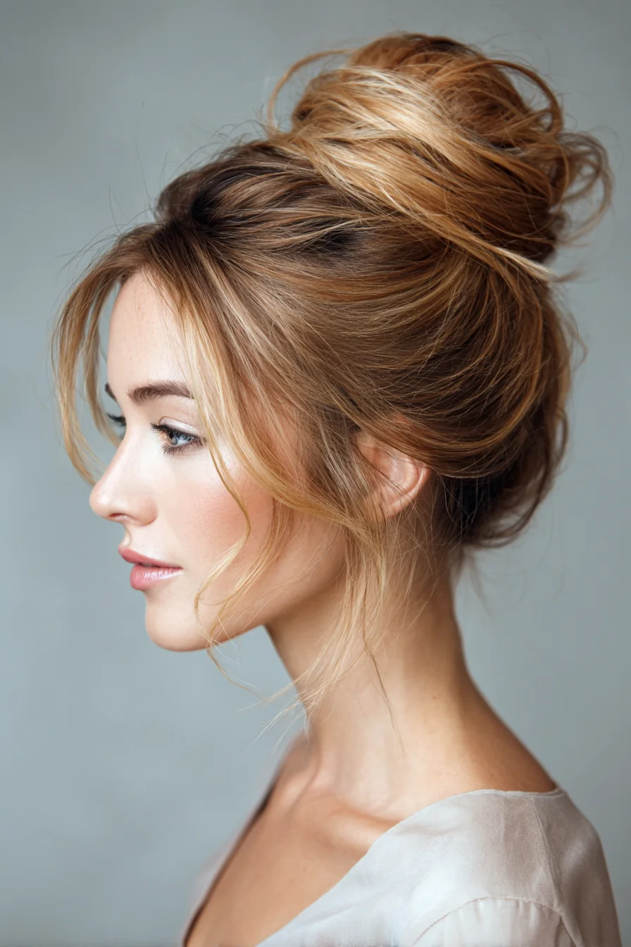 Textured Messy High Bun with Soft Face‑Framing Layers