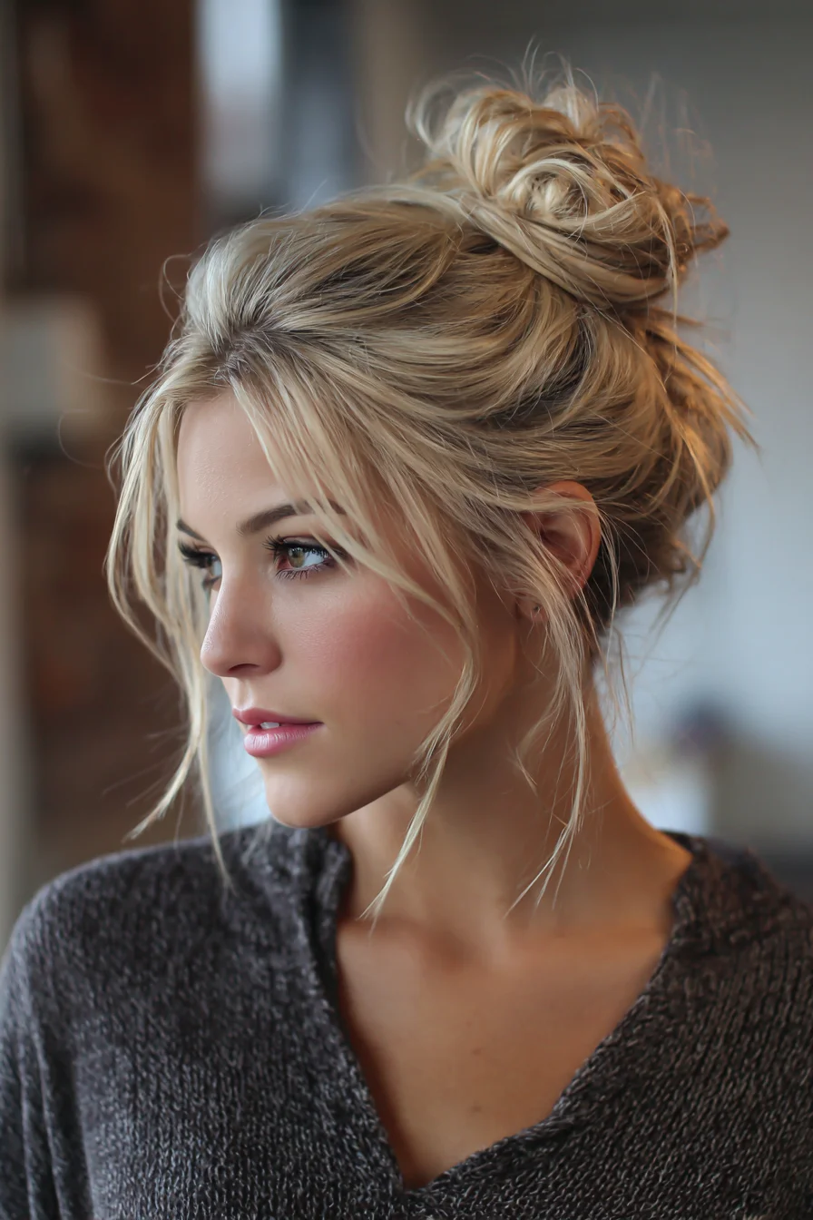 Textured Messy High Bun with Soft Face‑Framing Pieces