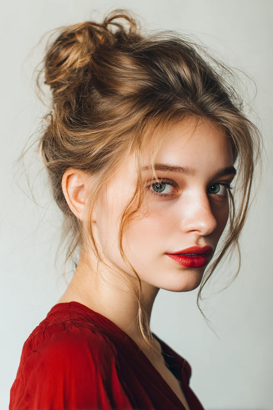 Textured Messy High Bun with Soft Face‑Framing Tendrils