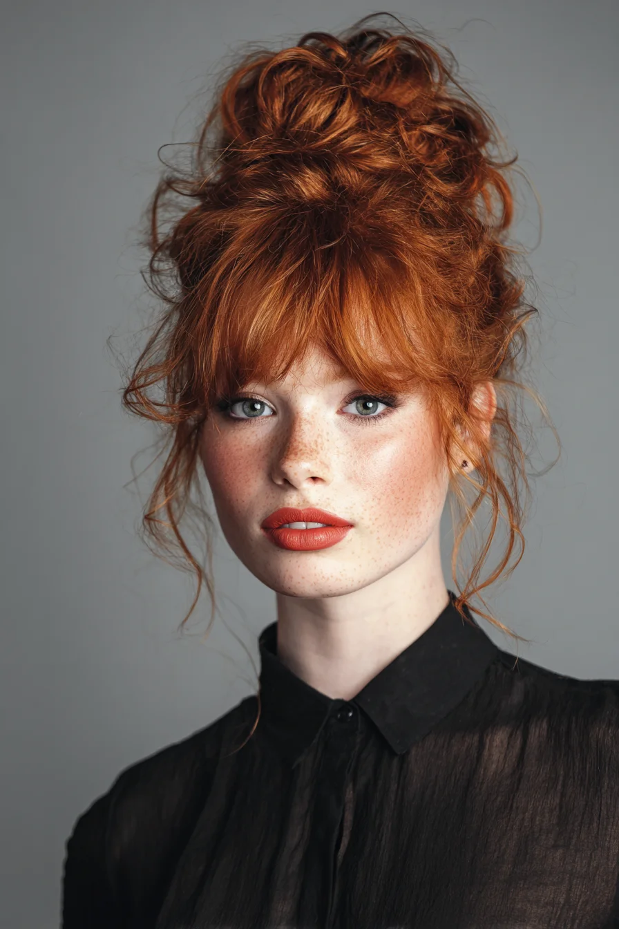 Textured Messy High Bun with Wispy Fringe — Voluminous Updo for Wavy/Curly Hair