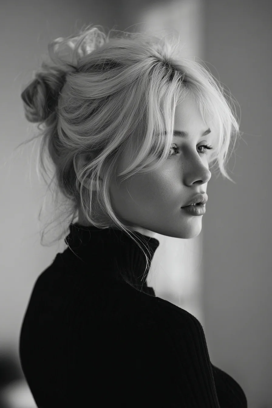 Textured Messy Low Bun with Curtain Bangs — Soft Face‑Framing Updo