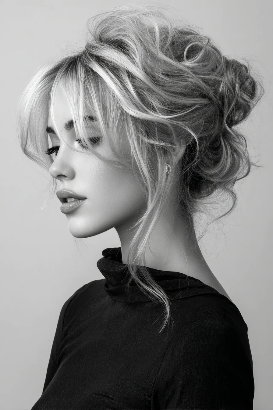 Textured Messy Low Bun with Face‑Framing Layers and Curtain Bangs