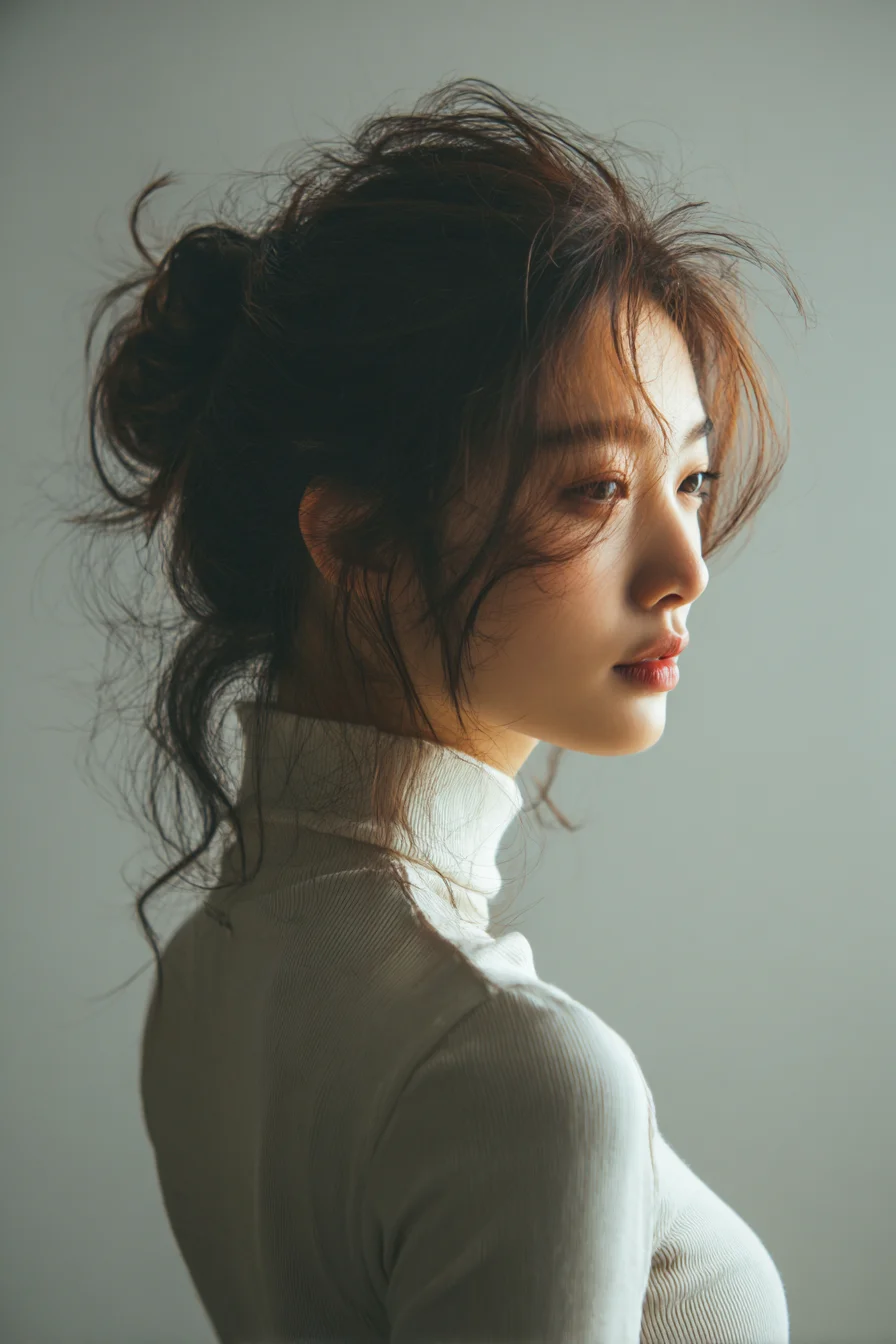 Textured Messy Low Bun with Face‑Framing Tendrils