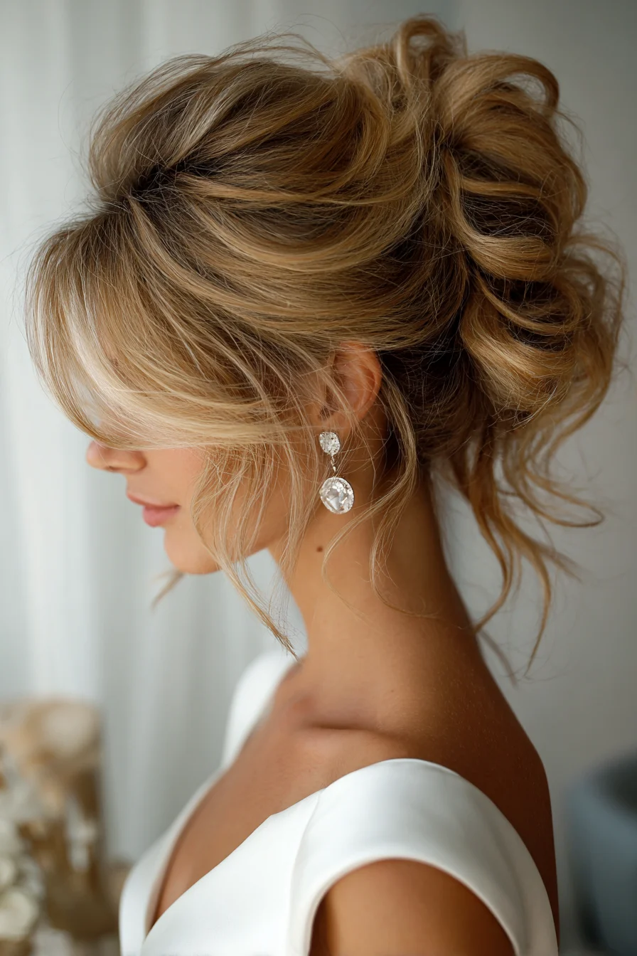 Textured Messy Romantic Updo with Face‑Framing Tendrils