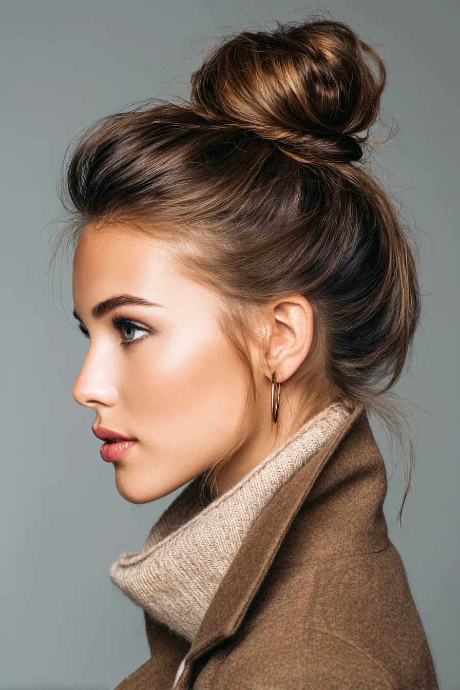 Textured Messy Top Knot Bun — Loose High Bun with Face‑Framing Pieces