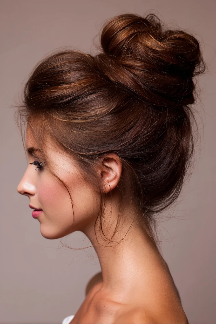 Textured Messy Top Knot Bun with Face‑Framing Tendrils