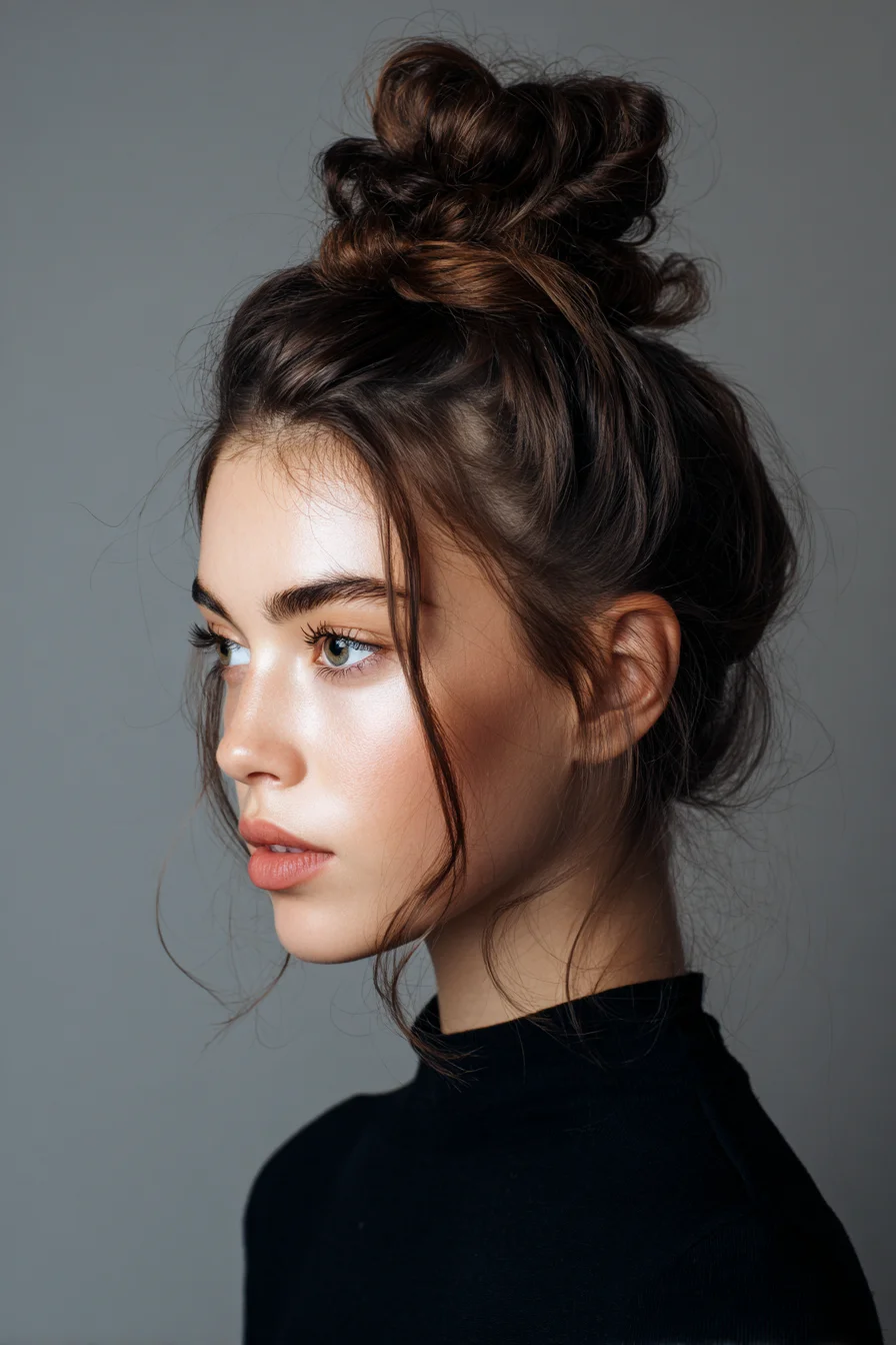 Textured Messy Top Knot Bun with Face-Framing Tendrils