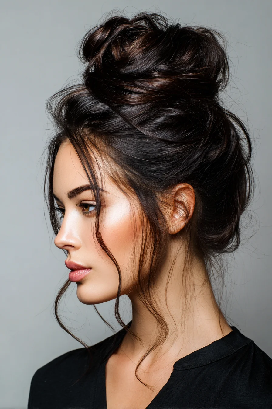 Textured Messy Top Knot Updo with Face‑Framing Tendrils