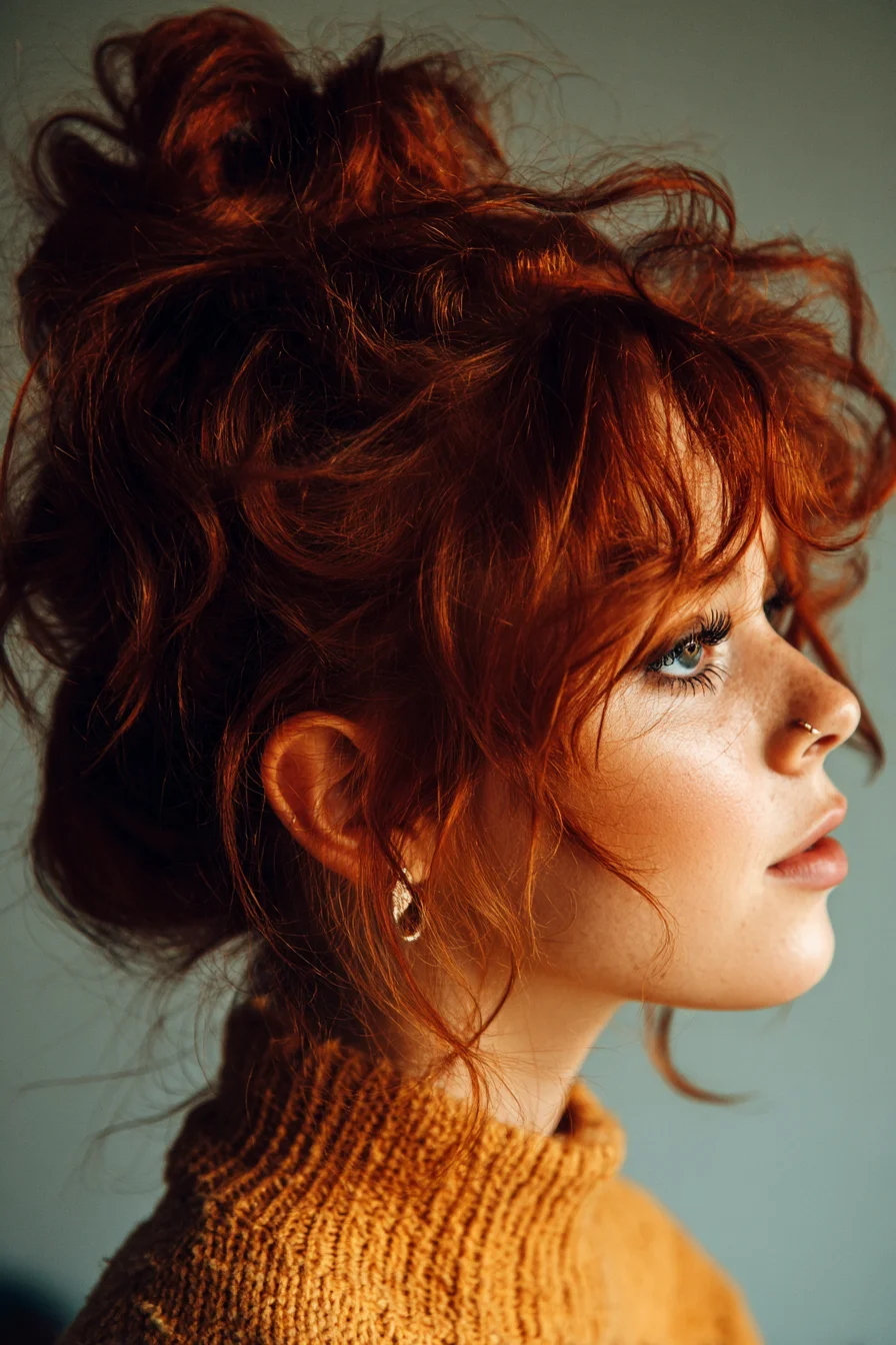 Textured Messy Top Knot with Curtain Bangs — Voluminous Updo for Wavy Hair