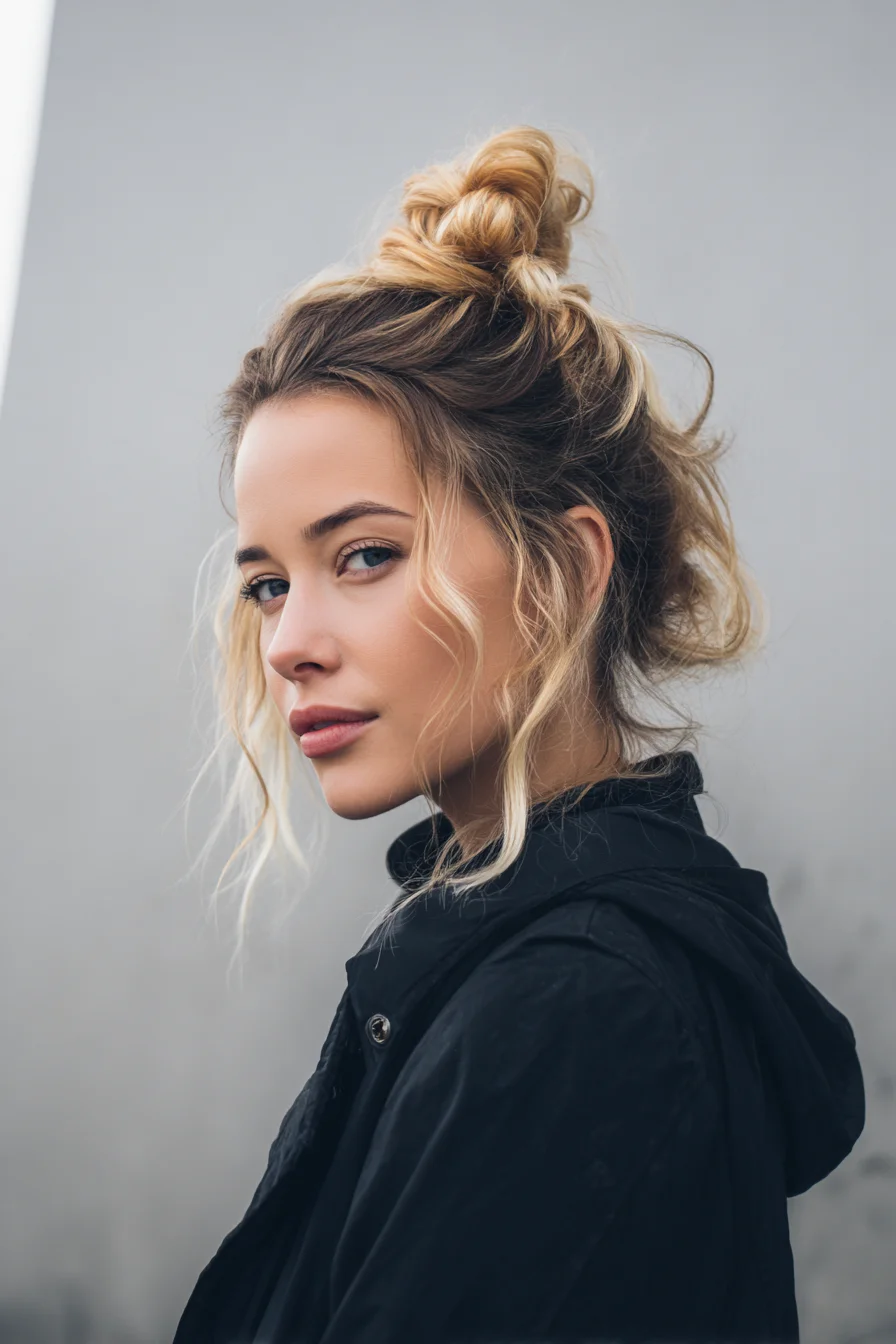 Textured Messy Top Knot with Face-Framing Tendrils