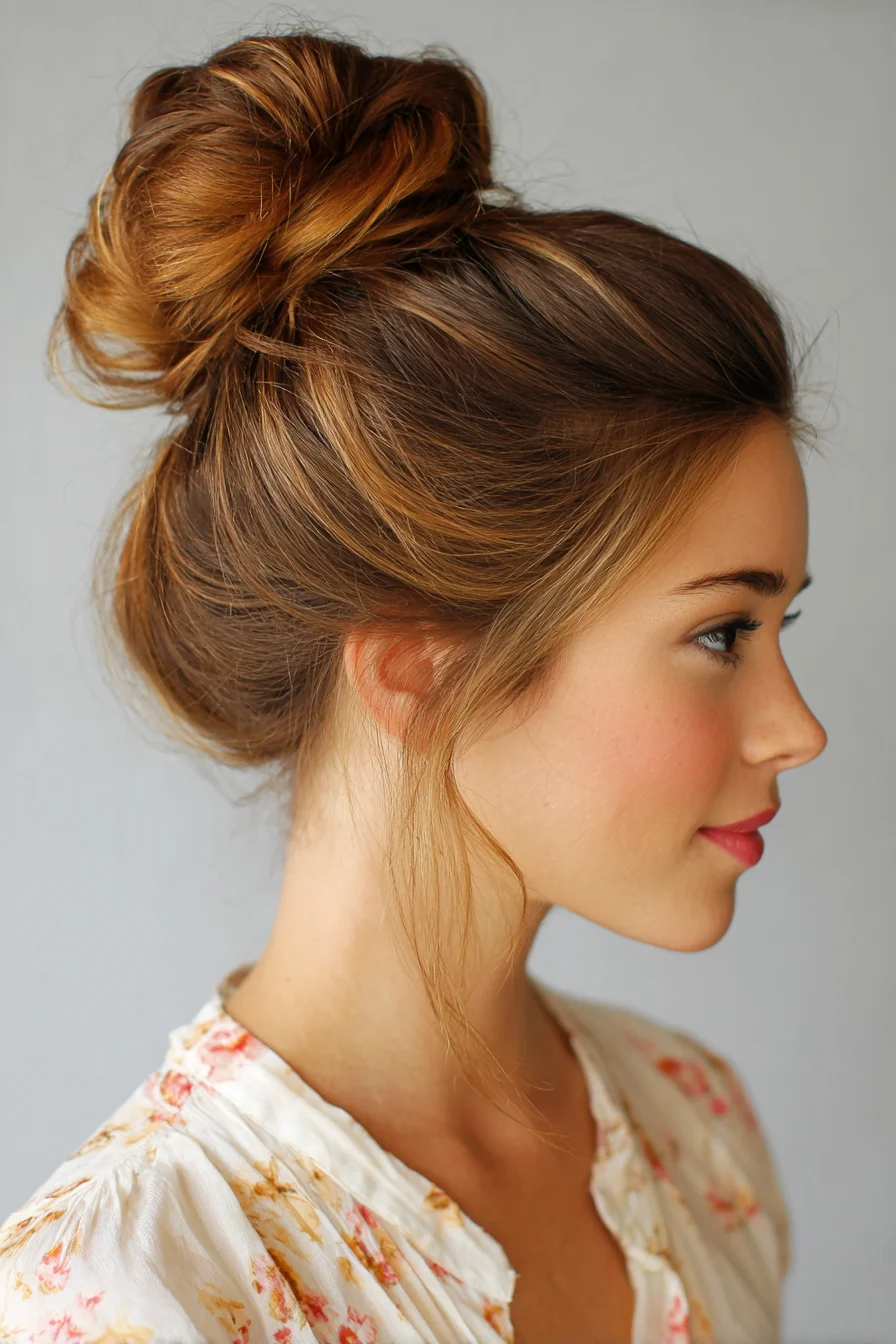 Textured Messy Top Knot with Face‑Framing Tendrils — Casual Updo for Medium to Long Hair