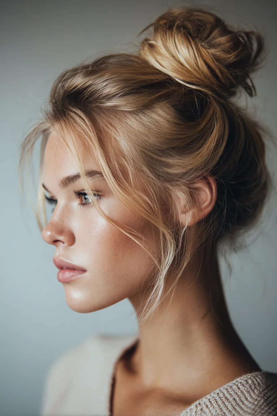 Textured Messy Top Knot with Face‑Framing Tendrils