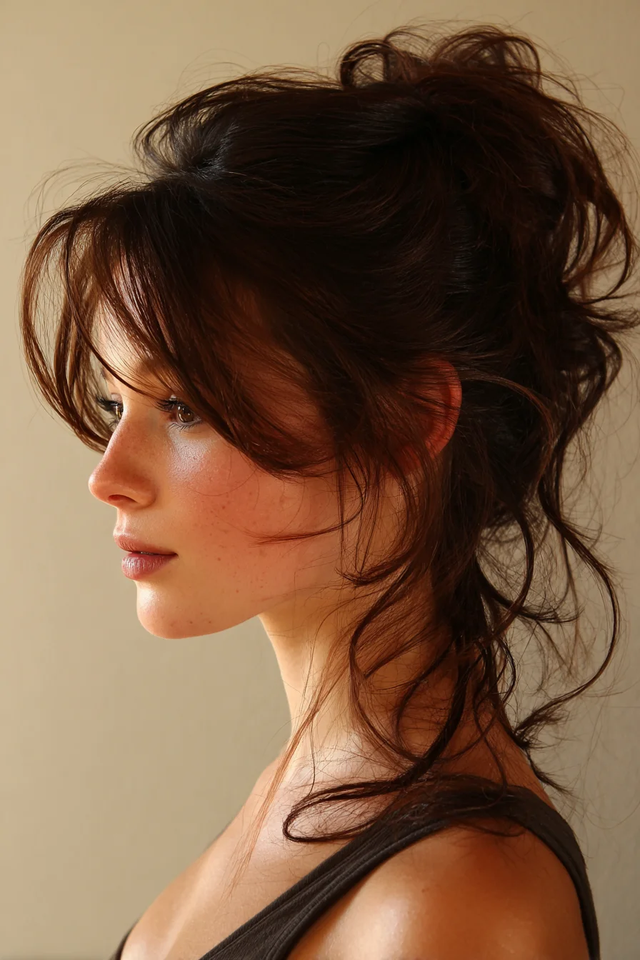 Textured Messy Updo with Face‑Framing Bangs