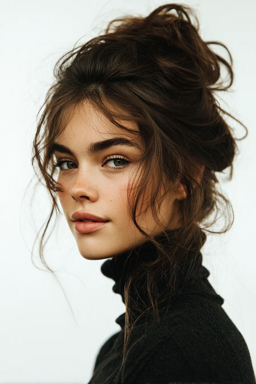 Textured Messy Updo with Face‑Framing Tendrils — Tousled Romantic Bun