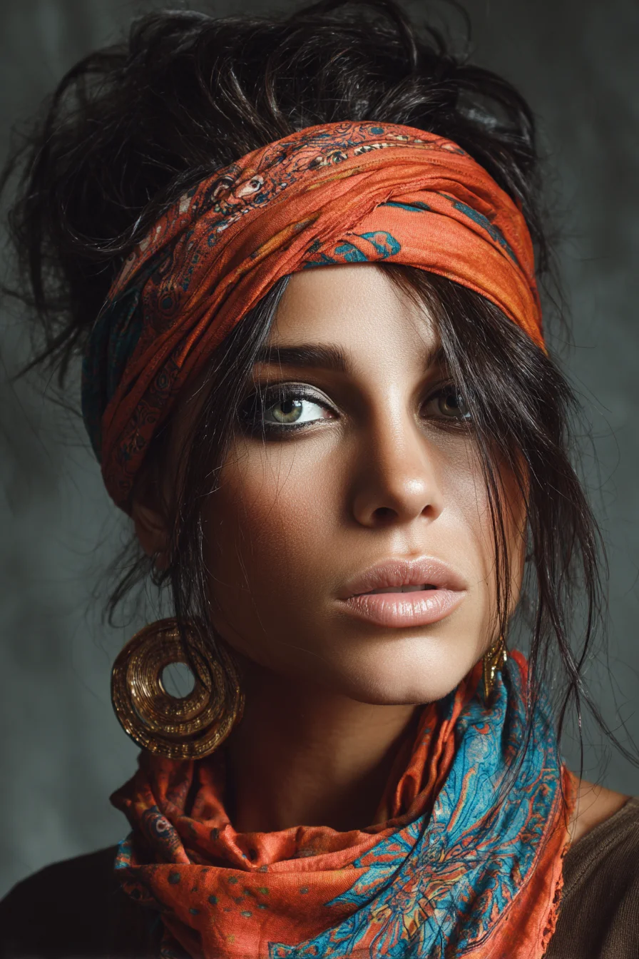 Textured Messy Updo with Headscarf and Face‑Framing Pieces