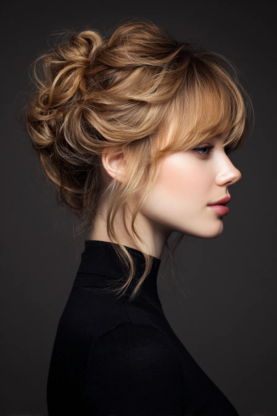 Textured Messy Updo with Soft Fringe