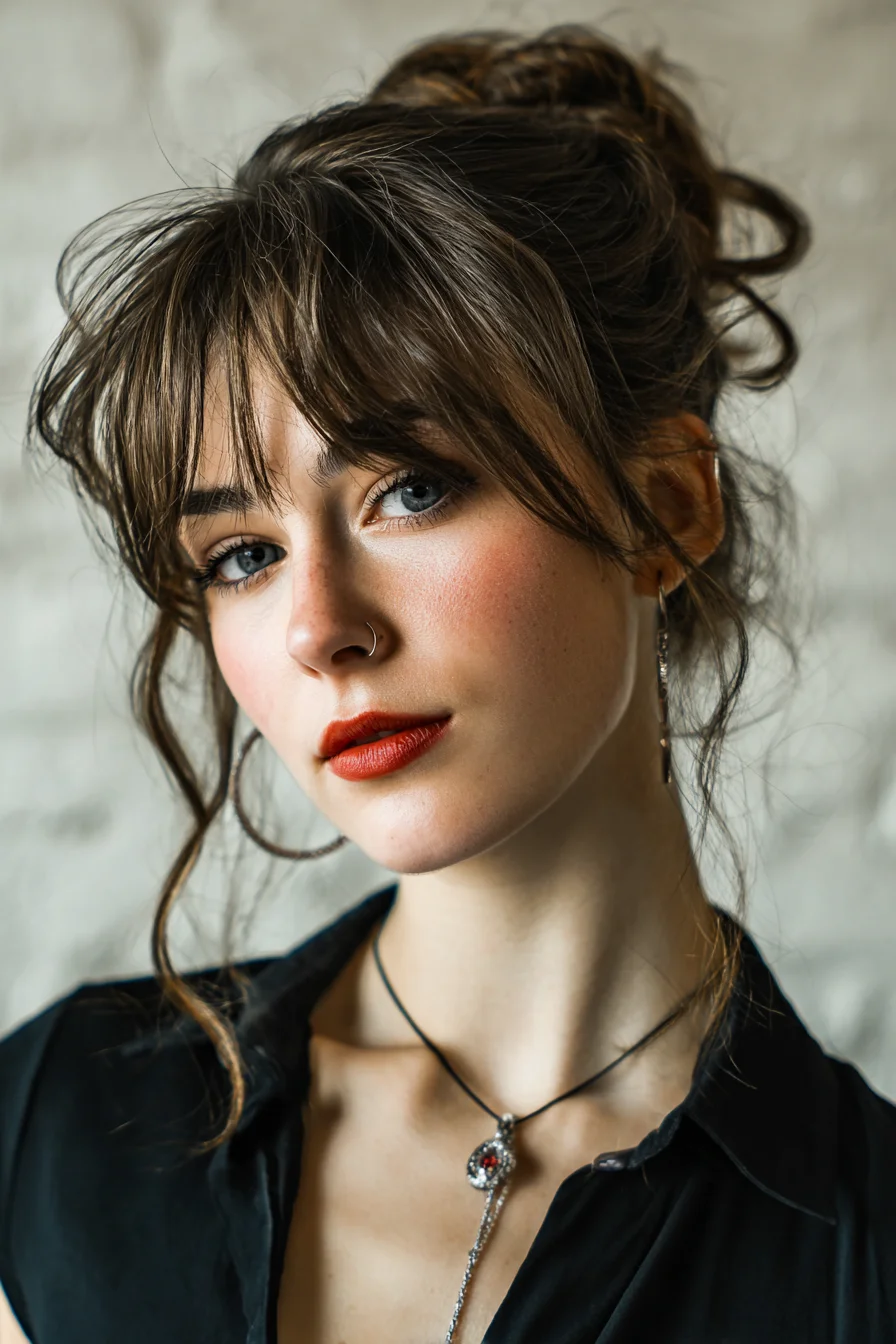 Textured Messy Updo with Wispy Bangs and Face‑Framing Tendrils