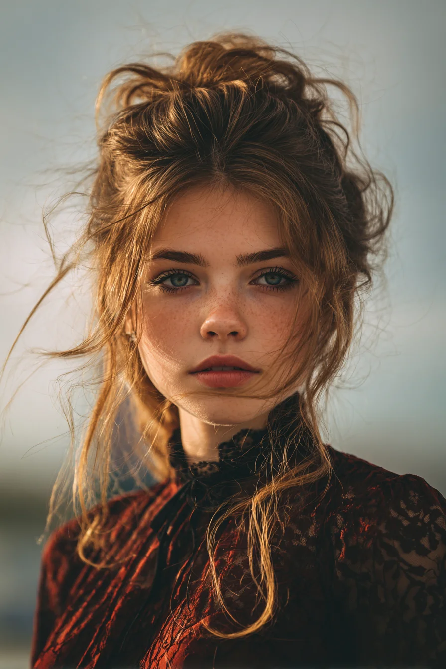 Textured Messy Voluminous Updo with Soft Face‑Framing Pieces