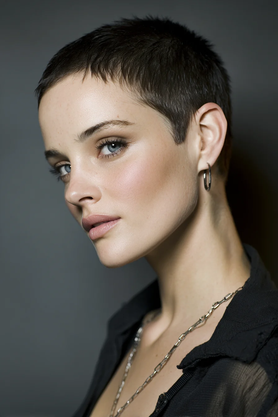 Textured Micro Pixie Crop — Short Pixie Buzz with Soft Fringe