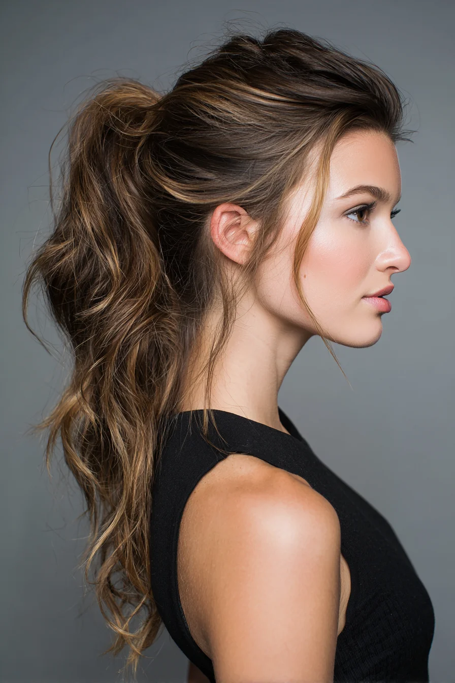 Textured Mid-High Ponytail with Face‑Framing Tendrils