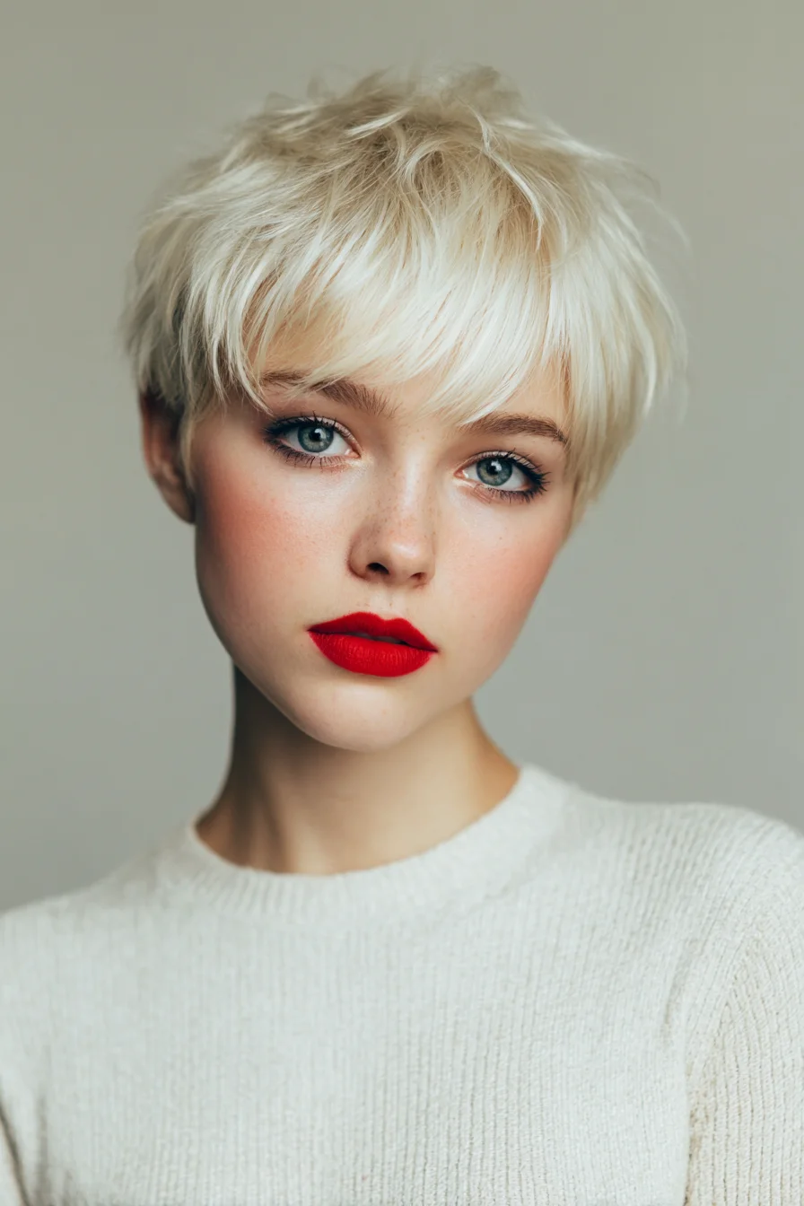 Textured Pixie with Side-Swept Fringe — Short Layered Blonde Cut