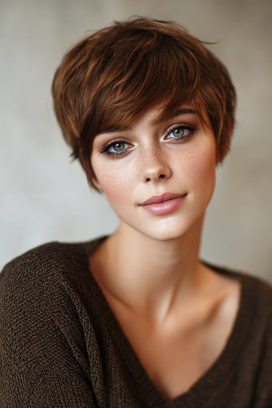 Textured Pixie with Side‑Swept Fringe — Short Layered Cut