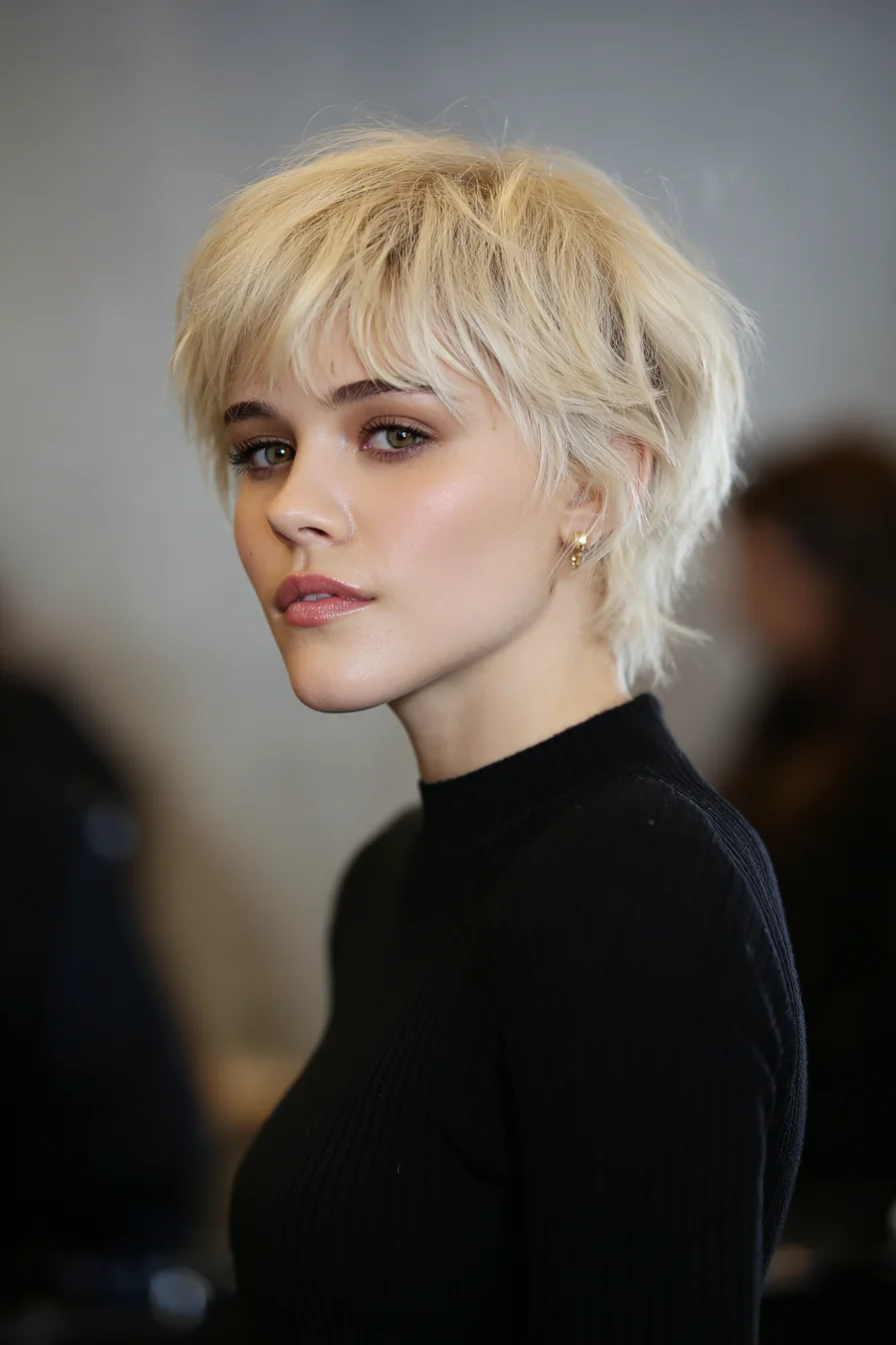 Textured Platinum Blonde Shaggy Pixie with Soft Fringe