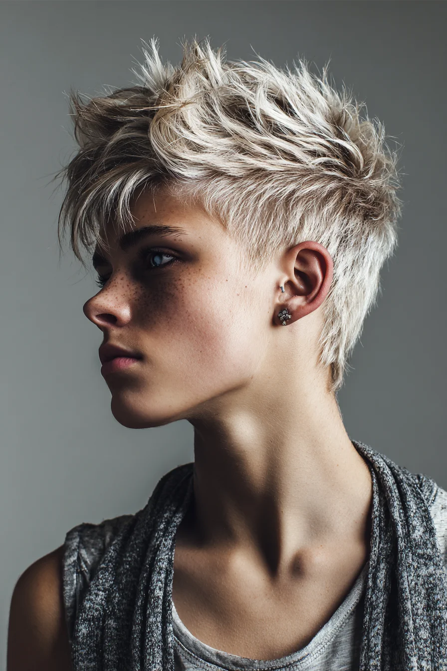 Textured Platinum Pixie Crop with Choppy Fringe and Tapered Sides