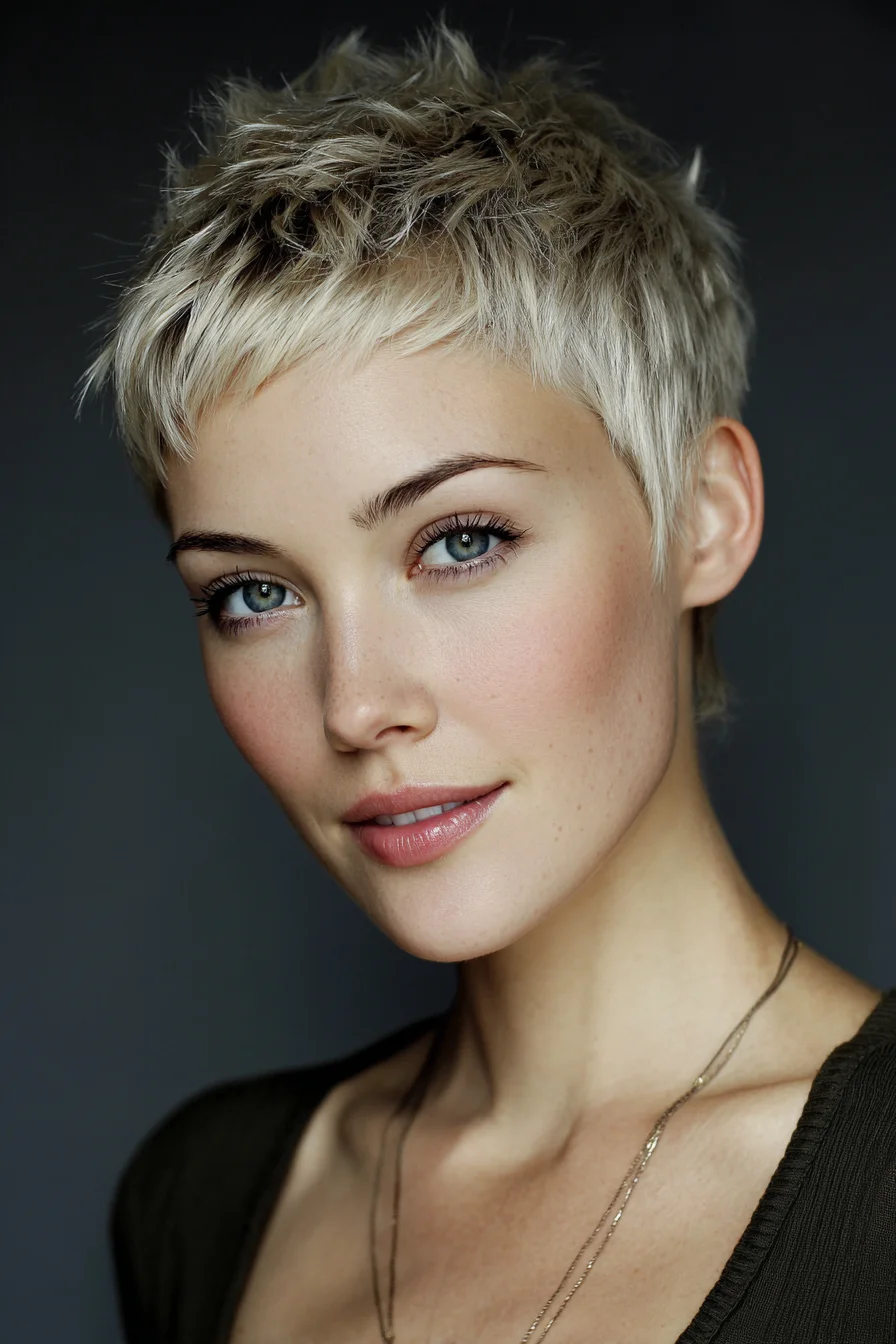 Textured Platinum Pixie Cut with Choppy Fringe