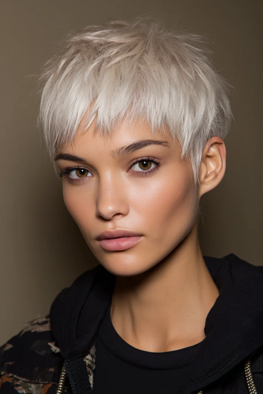 Textured Platinum Pixie Cut with Choppy Micro-Bangs