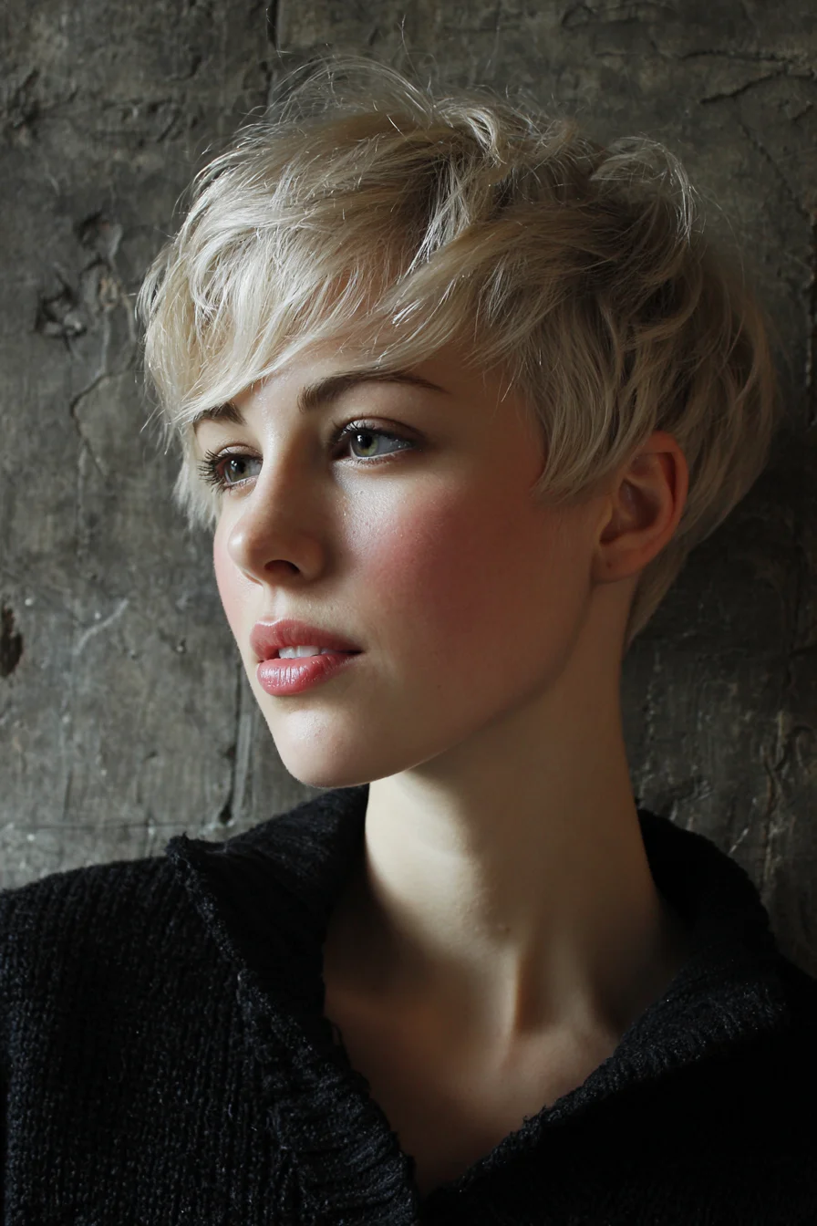 Textured Platinum Pixie Cut with Choppy Side-Swept Fringe