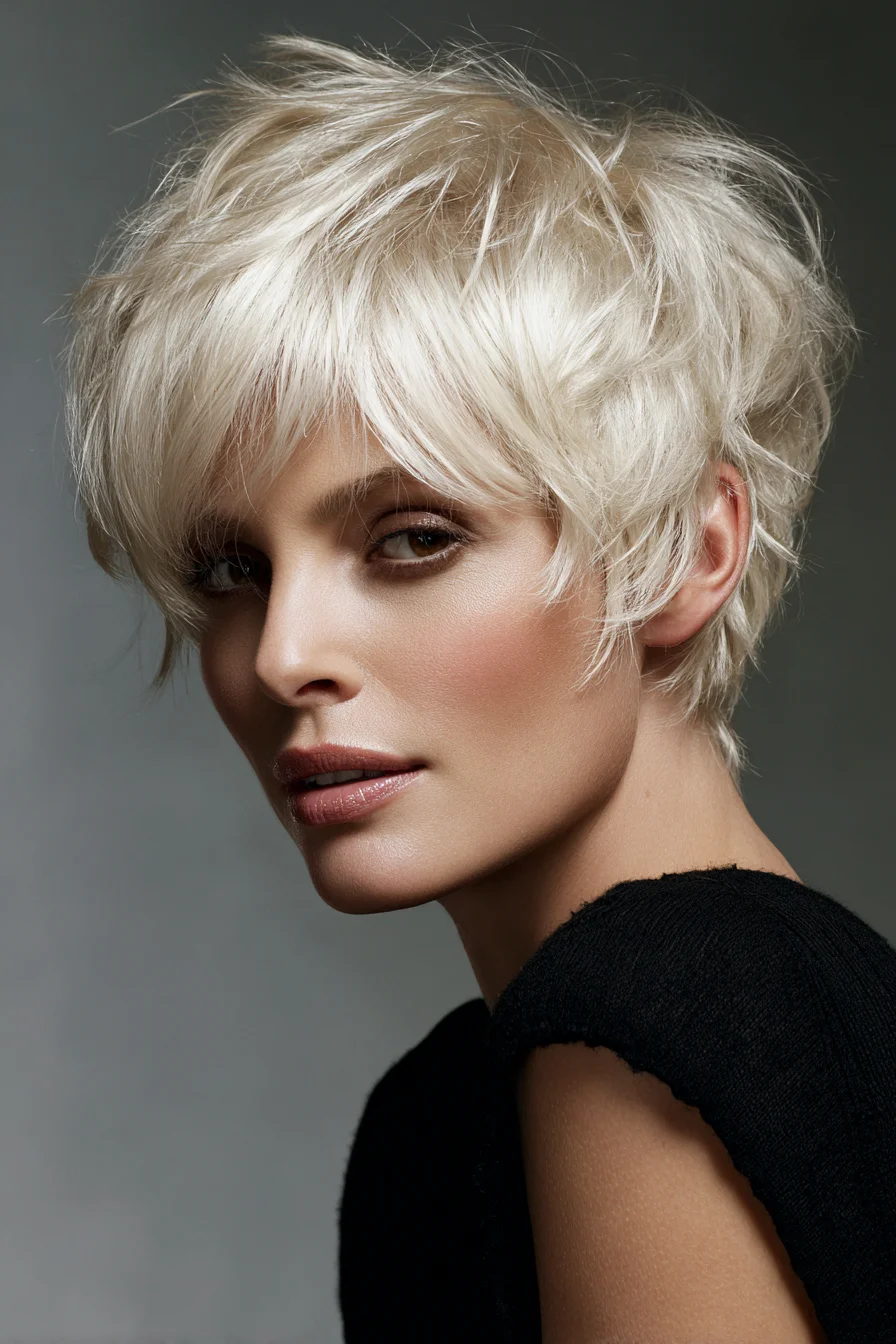 Textured Platinum Pixie Cut with Tousled Fringe