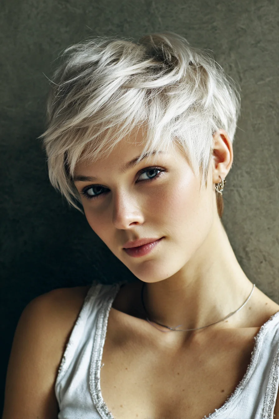 Textured Platinum Pixie Cut with Wispy Fringe — Short Layered Styling