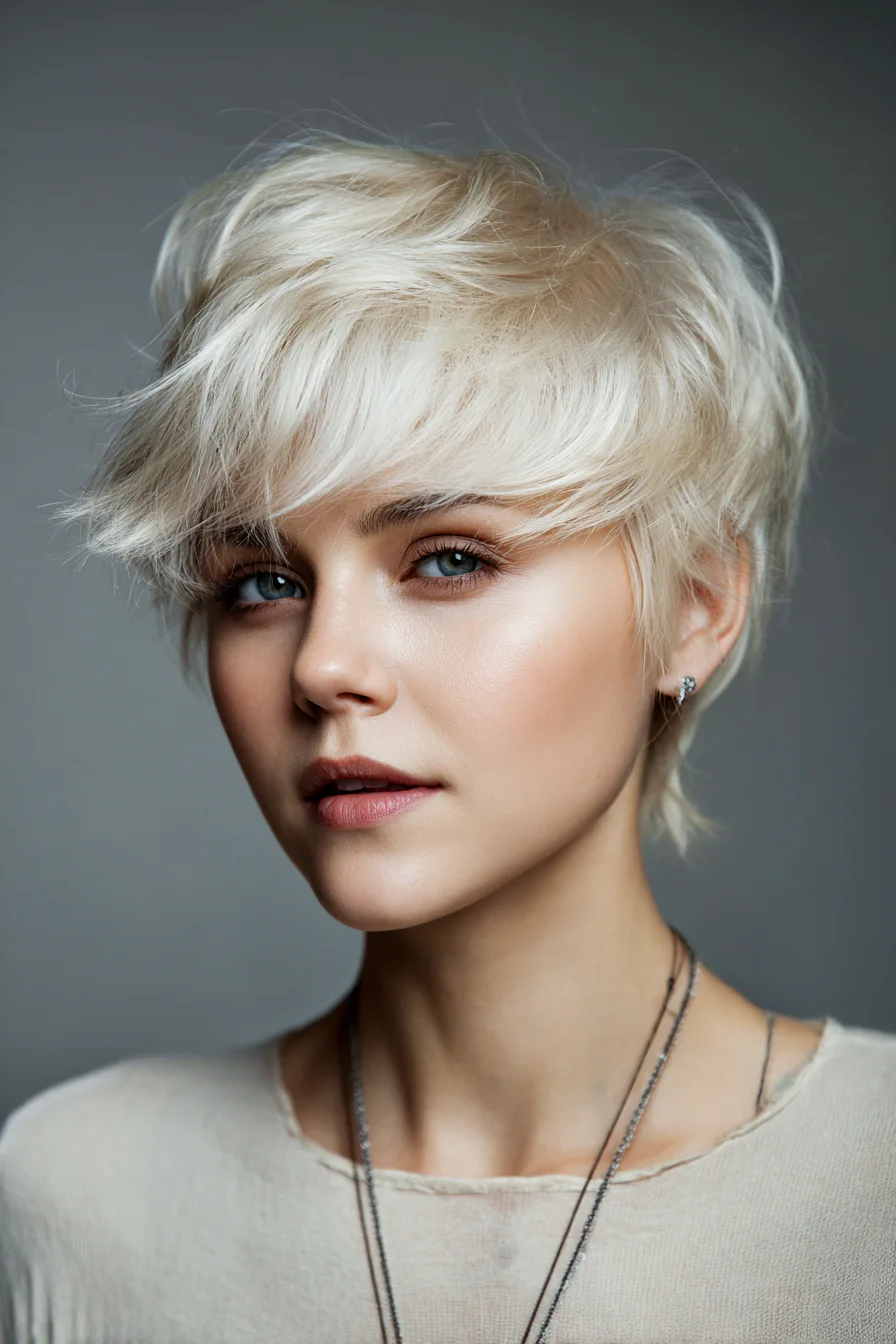 Textured Platinum Pixie with Long Side Fringe