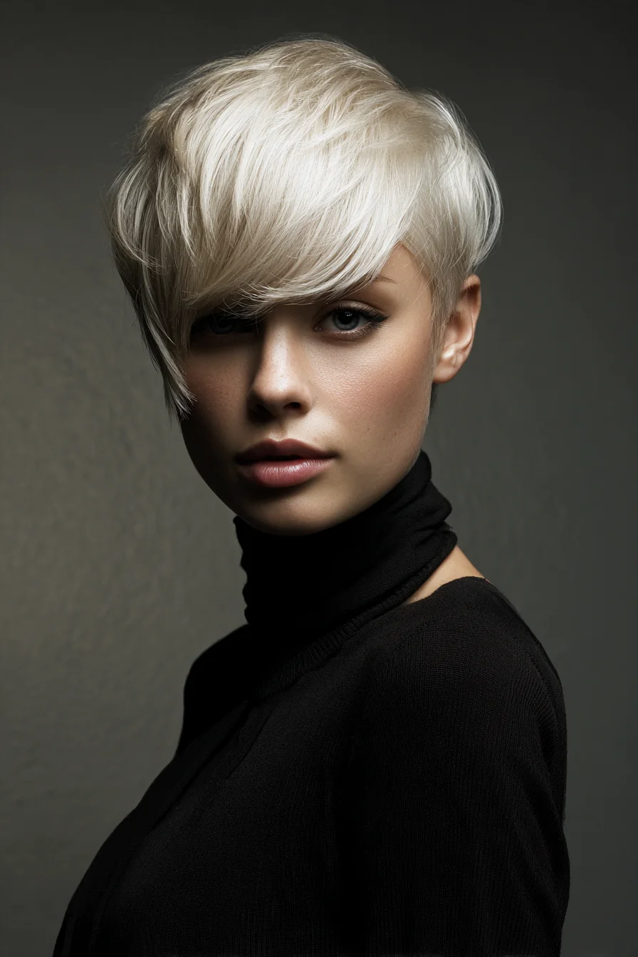 Textured Platinum Pixie with Long Side-Swept Fringe