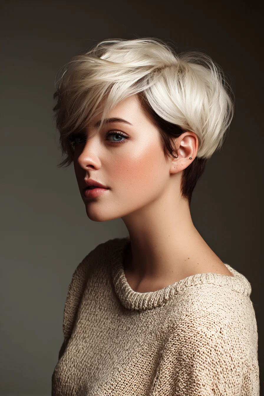 Textured Platinum Pixie with Short Taper and Side‑Swept Fringe