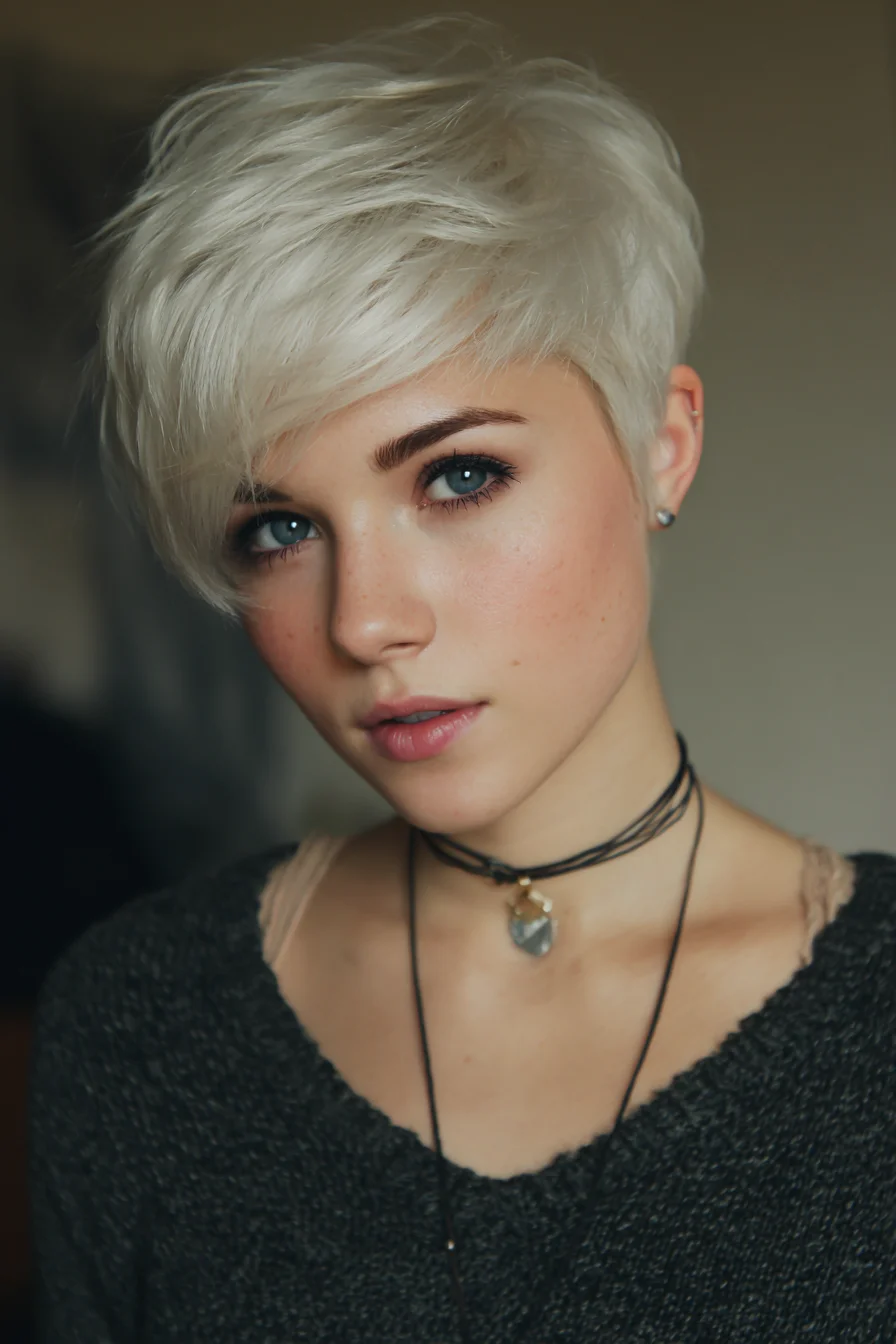 Textured Platinum Pixie with Side-Swept Fringe