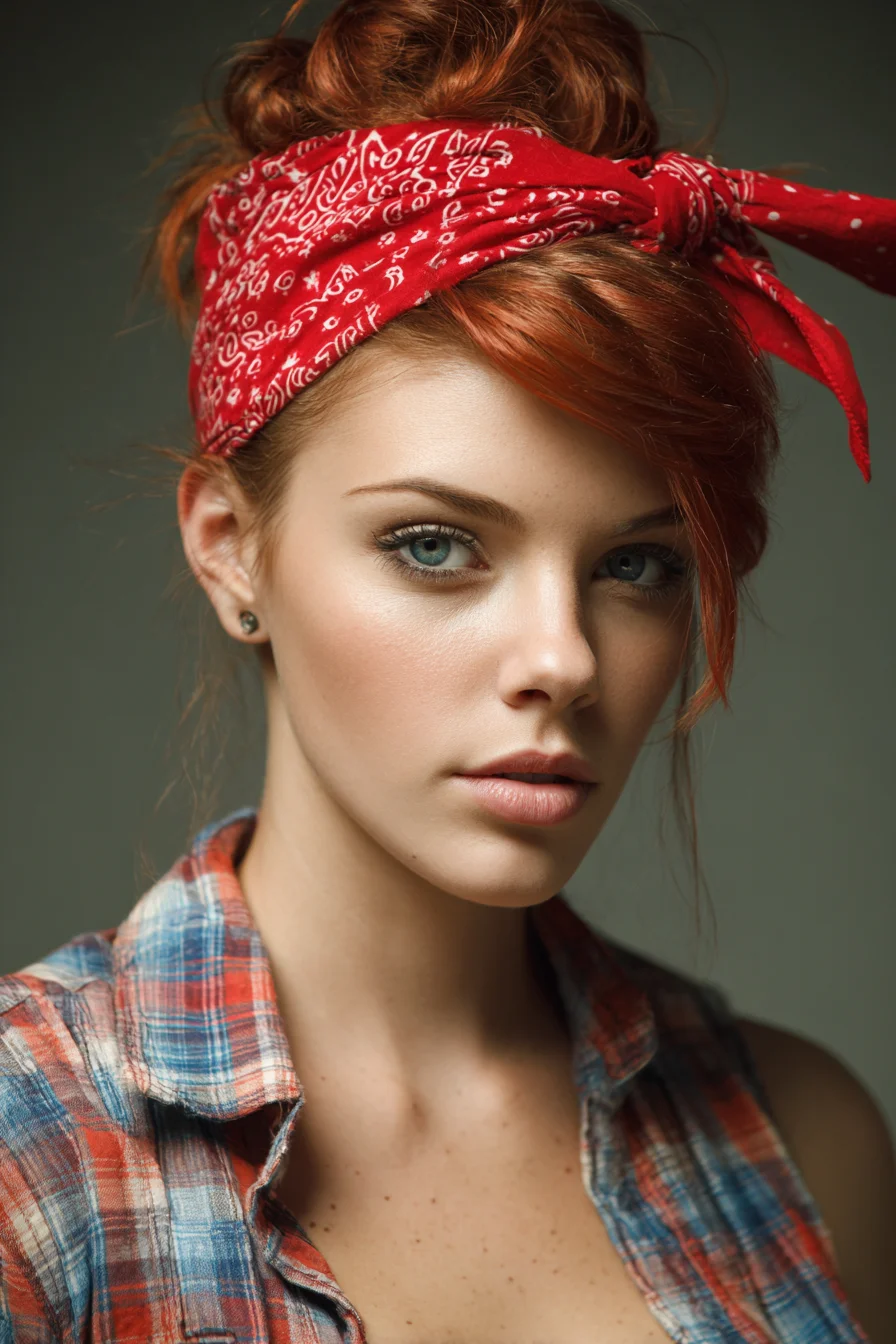 Textured Red Top-Knot Bun with Bandana Wrap