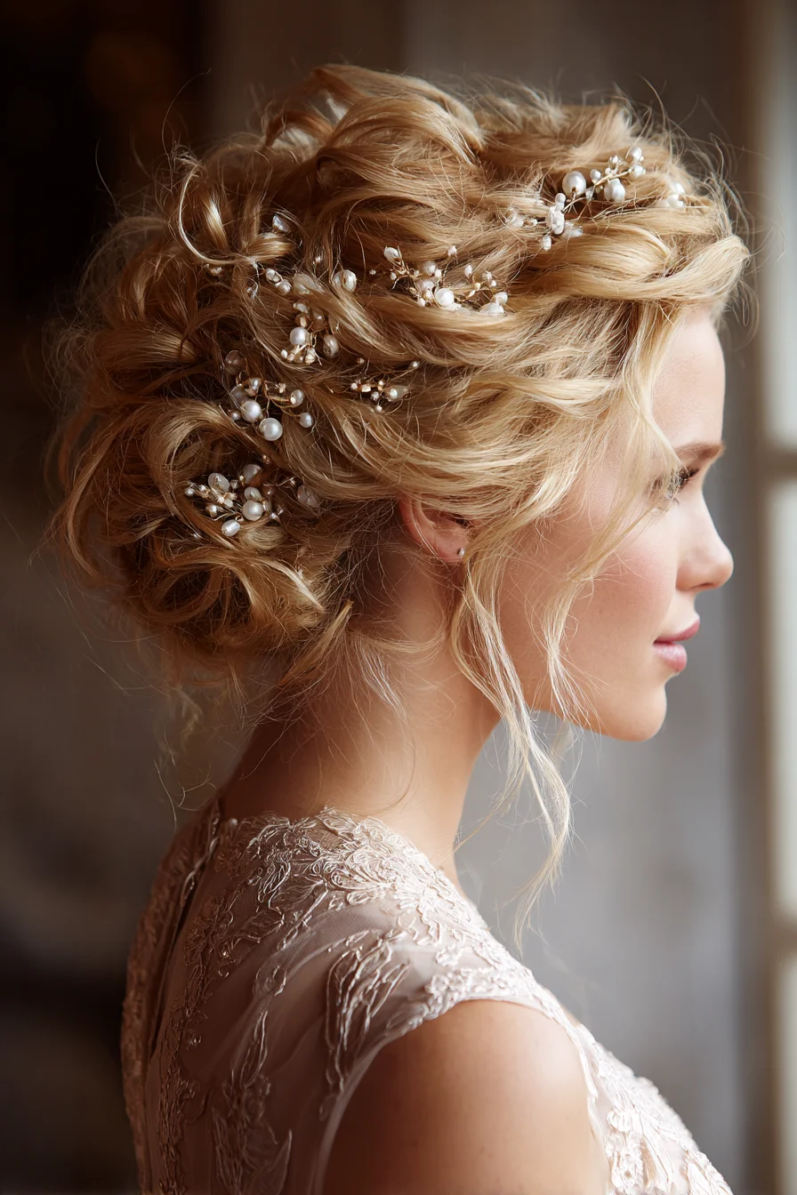 Textured Romantic Bridal Updo with Loose Curls and Pearl Hairpins