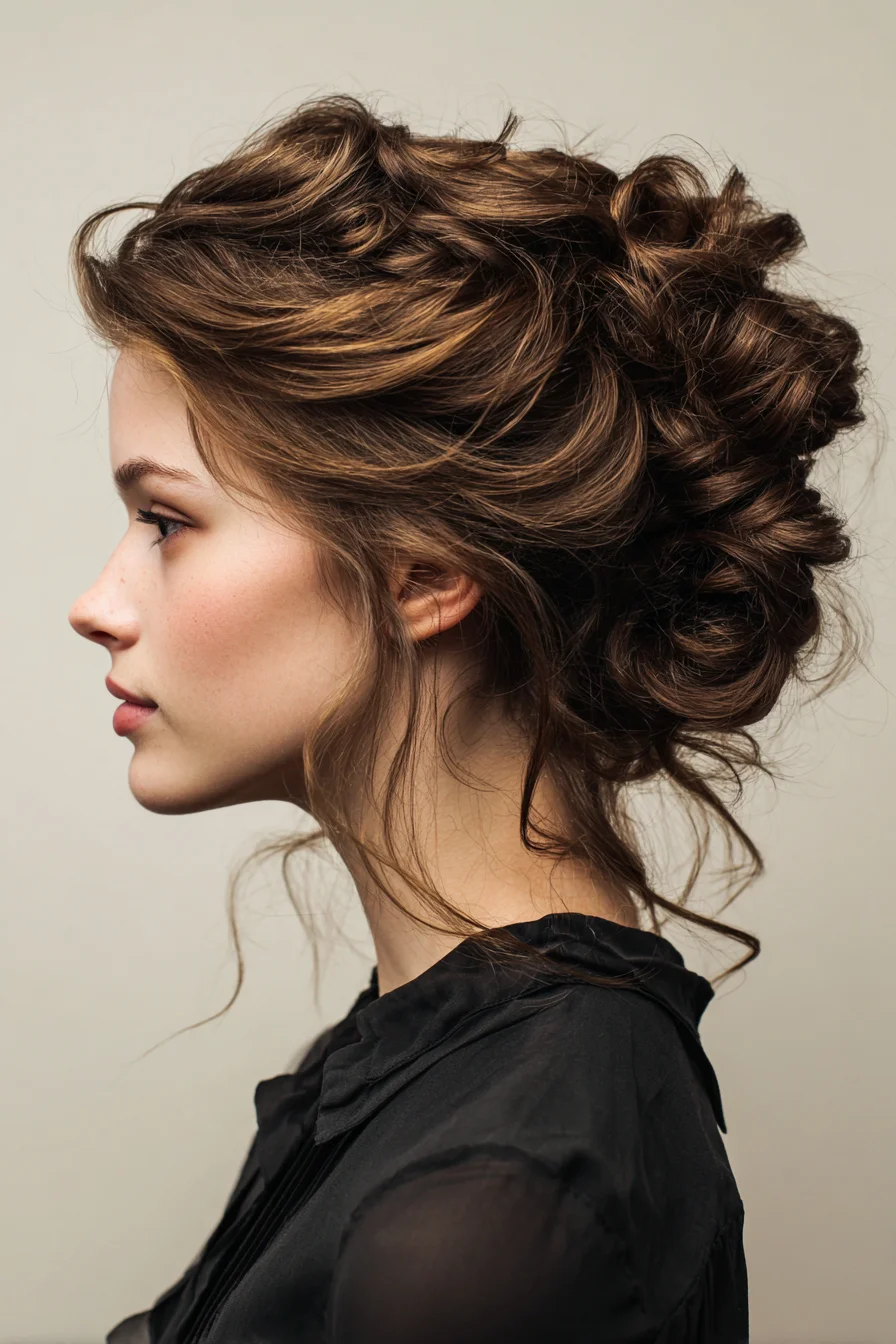 Textured Romantic Low Updo with Loose Face‑Framing Tendrils