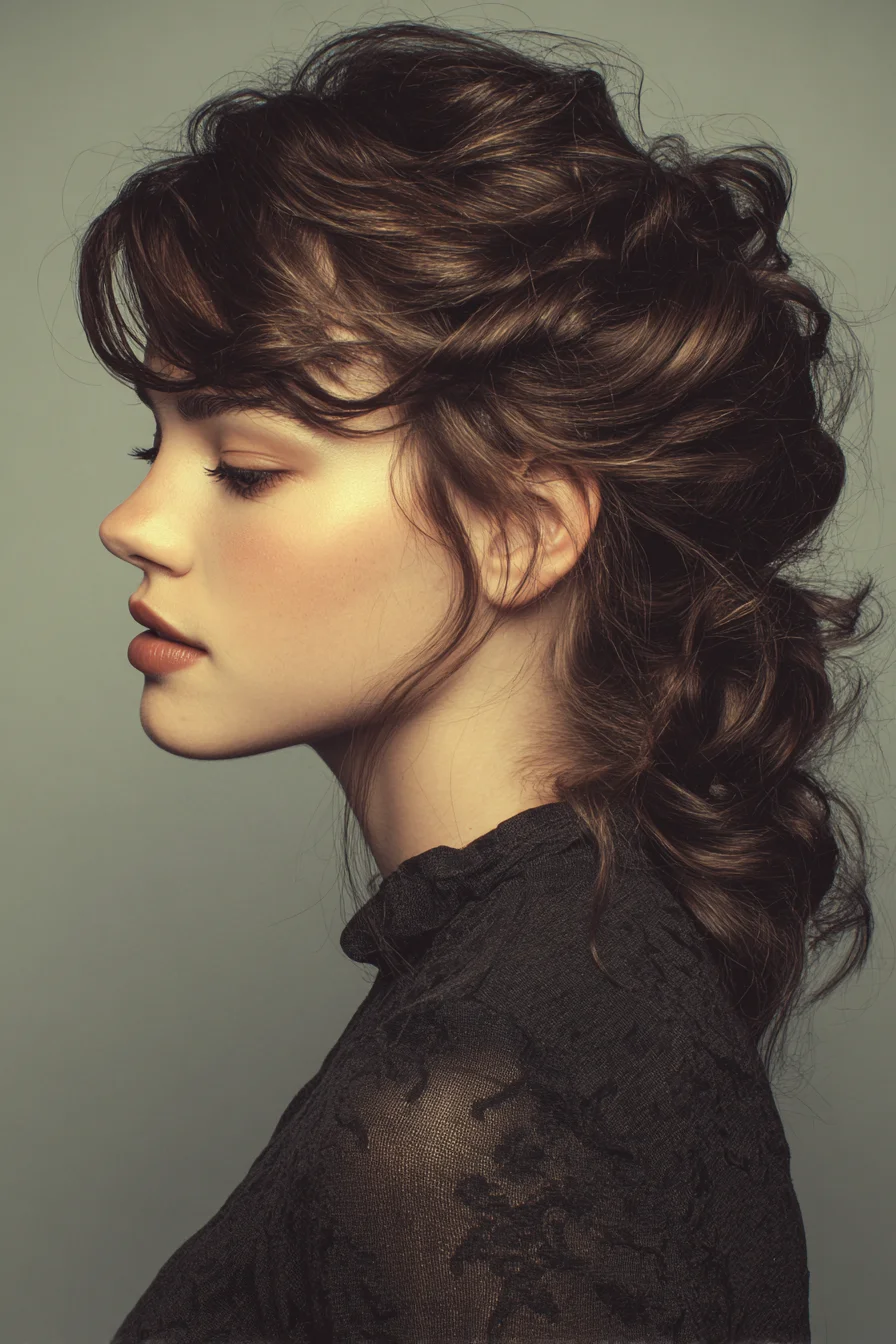 Textured Romantic Low Updo with Soft Face‑Framing Bangs