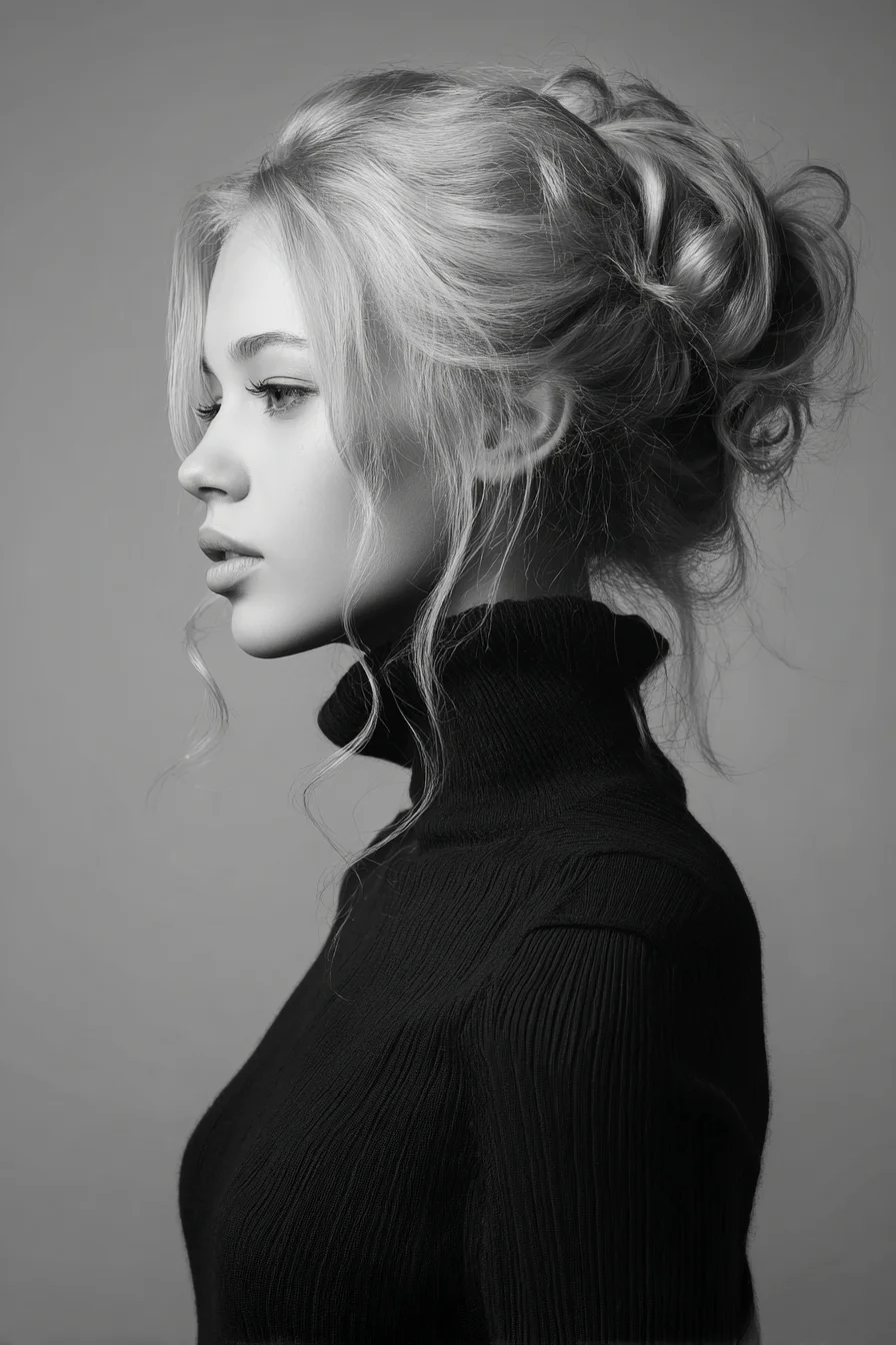 Textured Romantic Messy Bun with Face‑Framing Tendrils