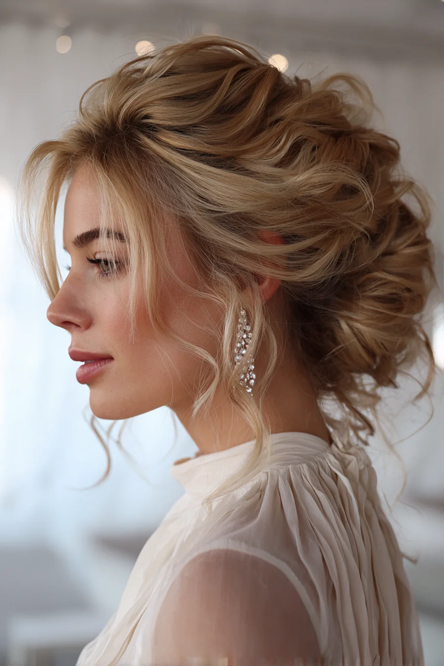 Textured Romantic Messy Updo with Face-Framing Tendrils