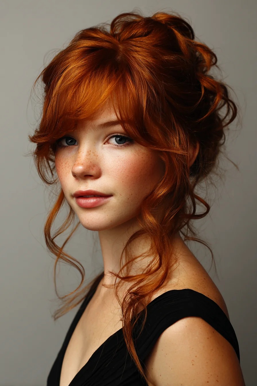 Textured Romantic Updo with Wispy Bangs and Loose Curled Tendrils