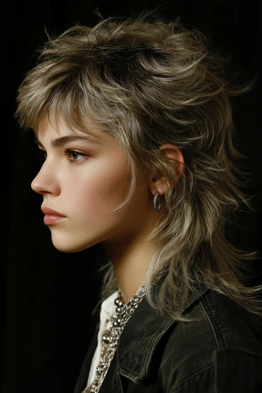 Textured Shag Mullet with Feathered Layers and Short Fringe
