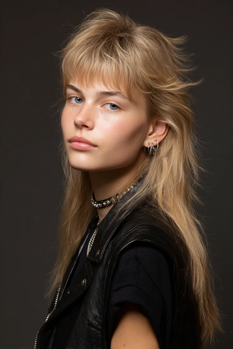 Textured Shag Mullet with Short Fringe and Feathered Wispy Ends