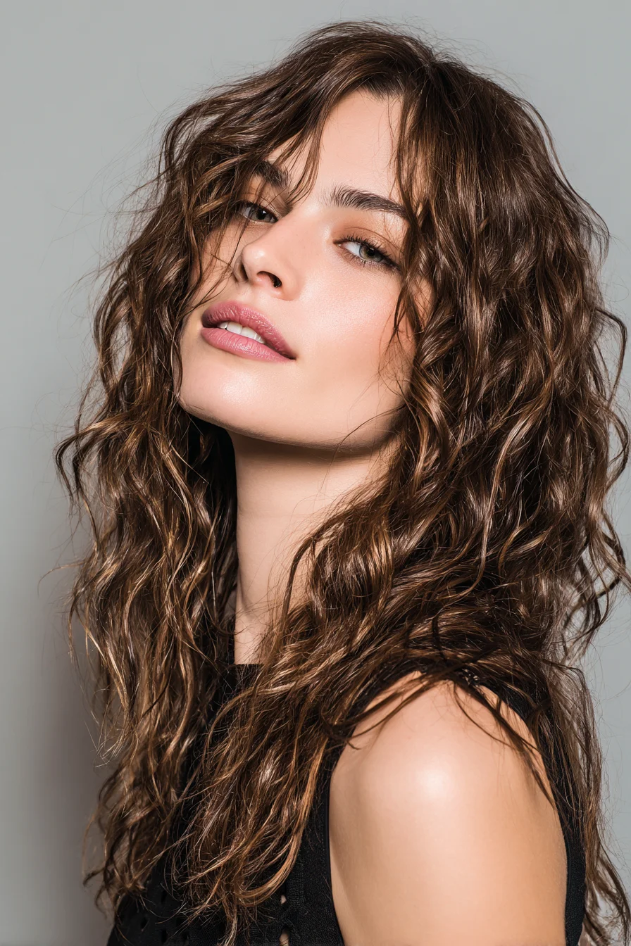 Textured Shag with Soft Curtain Bangs for Wavy Hair