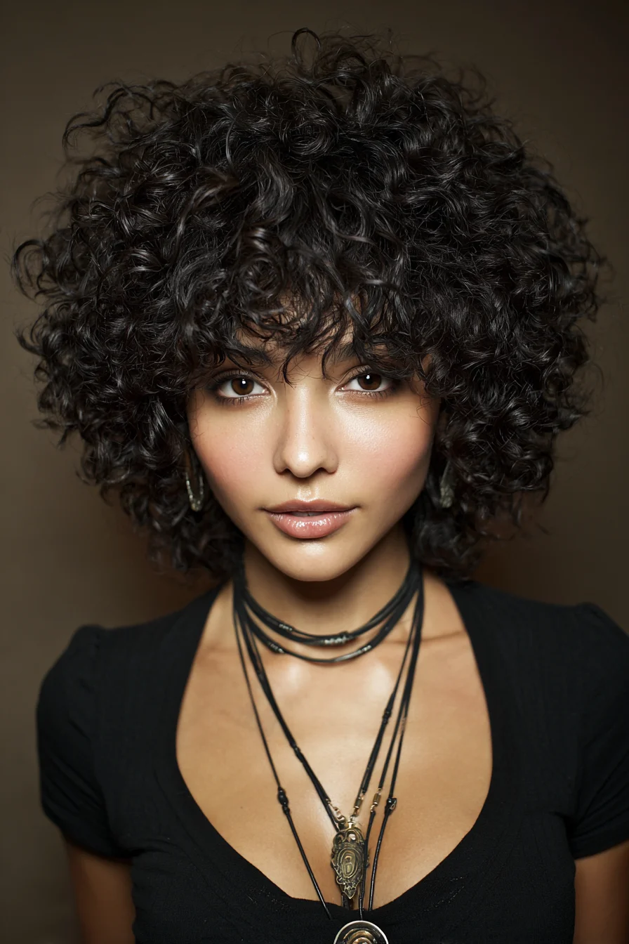 Textured Short Curly Bob with Soft Fringe